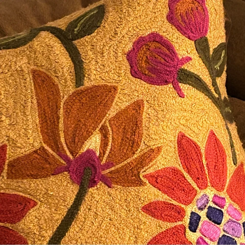 Crate & Barrel Crewel Flowers Pillow